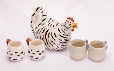 A Rooster Form Teapot and A Set of 4 Ceramic Tea Cups