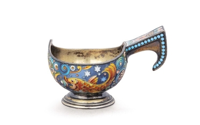 A Russian silver-gilt and cloisonné enamel Kovsh, mark of Chlebnikov, Moscow, 1908-17
