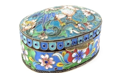 A Russian white metal and cloisonne enamel oval box,...