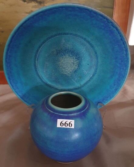 A SIGNED POTTERY TURQUOISE BOWL AND VASE