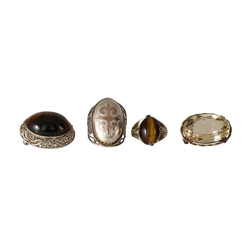 A SILVER (.925) TIGER'S EYE BROOCH, together with a silver t...