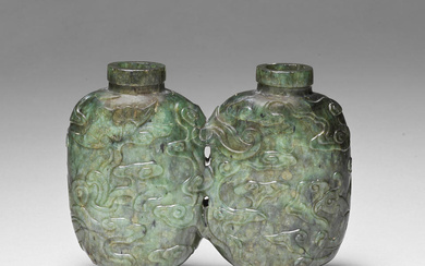 A SPINACH GREEN JADE 'DOUBLE' SNUFF BOTTLE 18th/19th century