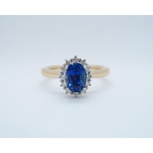 A Sapphire and Diamond Cluster Ring, claw-set oval-cut sapph...