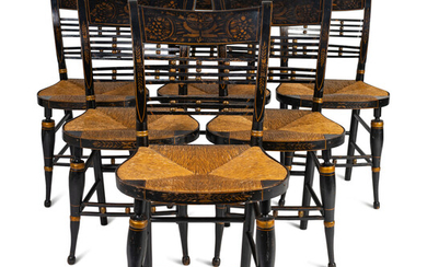A Set of Six Black-Painted and Stencil-Decorated Hitchcock Chairs