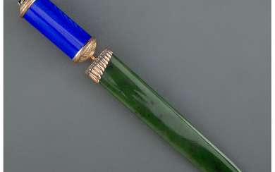 A Spinach Jade, 14K Vari-Color Gold, Diamond, Guilloché Enamel, and Cabochon-Mounted Paper Knife in the Manner of Fabergé, (late 20th century)