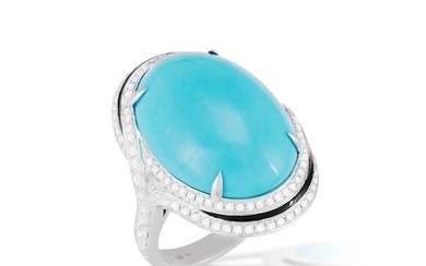 A TURQUOISE, ENAMEL AND DIAMOND DRESS RING The oval-shaped ...