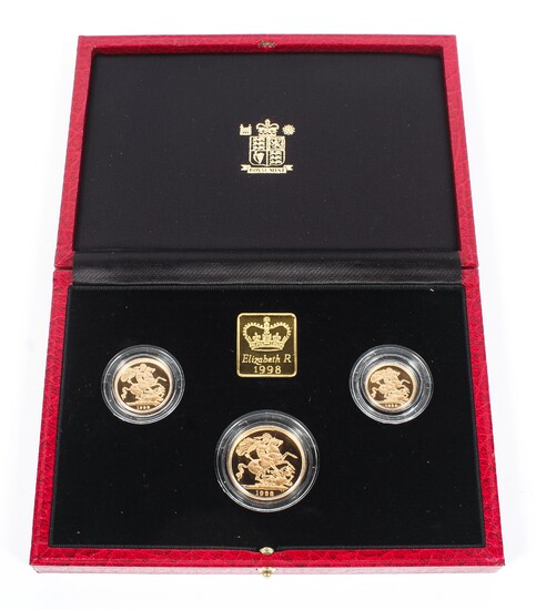 A United Kingdom 1998 gold proof three coin sovereign set issued by the Royal Mint.