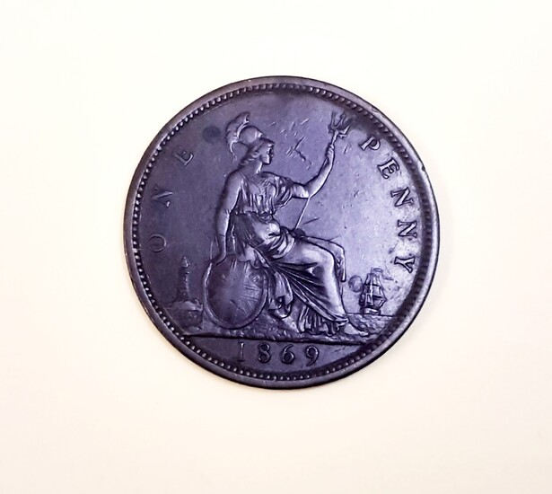 A United Kingdom Queen Victoria 1 penny coin, c. 1869.
