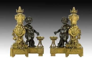 A VERY FINE PAIR OF 19TH CENTURY BRONZE ANDIRONS