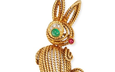 A VINTAGE EMERALD, RUBY AND DIAMOND RABBIT BROOCH in yellow gold, comprising twisted wirework, th...