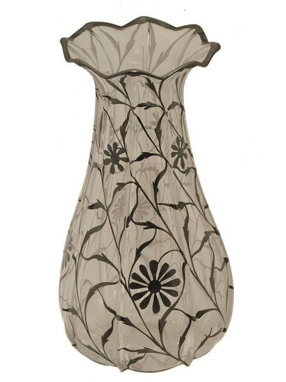 A VINTAGE GLASS AND SILVER OVERLAY FLORAL VASE
