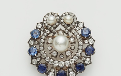 A Victorian 14kt gold, diamond, sapphire and Oriental pearl rosette brooch.