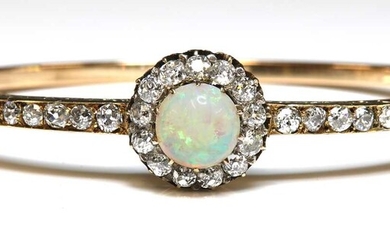 A Victorian gold opal and diamond cluster bangle, c.1890
