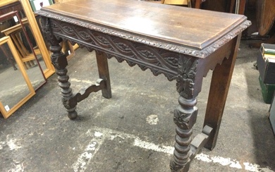 A Victorian oak jacobean style console table with rectangular leaf...