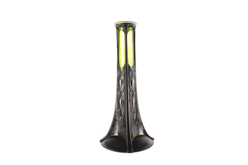 A WMF ART NOUVEAU SILVER PLATED AND GREEN GLASS SOLIFLEUR VASE