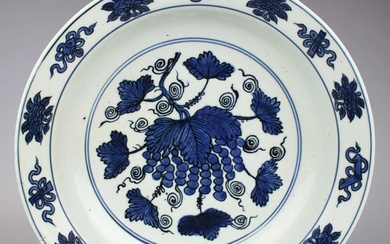 A blue and white dish with grapes and vine pattern