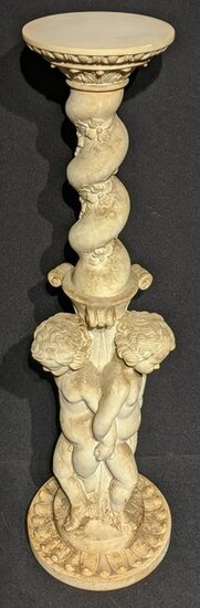 A cast stone resin torchere depicting cherubs, H.94cm