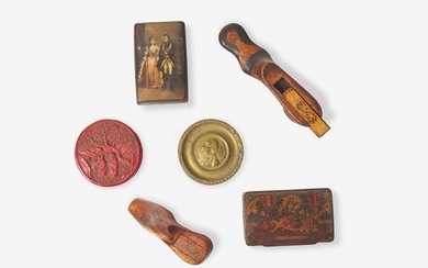 A collection of six assorted snuff boxes, 19th century Comprising two English shoe-form