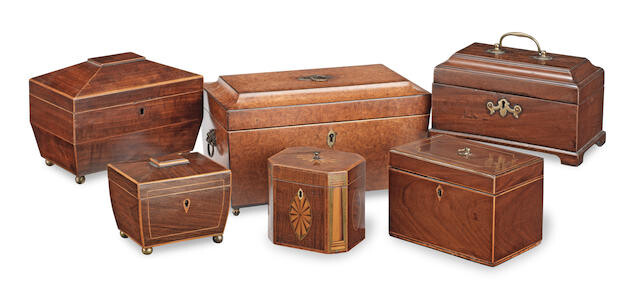 A collection of six late 18th / early 19th century wooden tea caddies