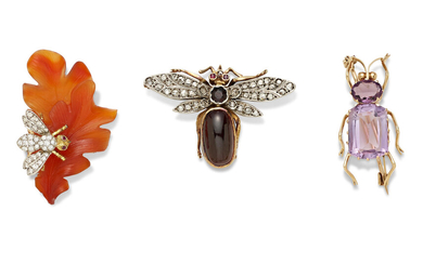 A collection of three diamond, gem-set silver and gold bug brooches