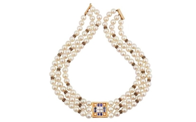 A cultured pearl, sapphire and diamond necklace