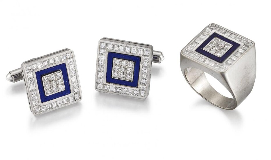 A diamond and lapis lazuli ring and pair of cufflinks,...