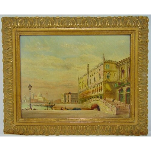 A framed oil on panel of a Venetian landscape with buildings...