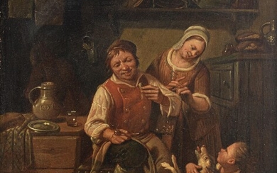 A genre painting of the happy family, oil on paper on canvas, 19thC, 30 x 35 cm