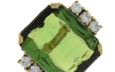 A green tourmaline and brilliant-cut diamond ring.