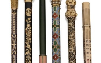 A group of 19th and early 20th century pencils, comprising three early 19th century examples, one with tortoiseshell pique barrel with gold foliate inlay to a gold mounted bloodstone seal top, with extending pencil fitting; another with polychrome...