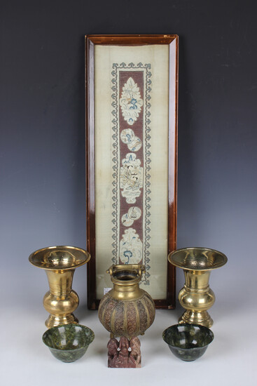 A group of Chinese metalwork and works of art, including a silk embroidered sleeve panel, 57cm x 16c