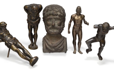 A group of four bronze models of classical male figures, 19th century; together with a bronze relief cast bust of a bearded male, 19th century, 13cm high (5)