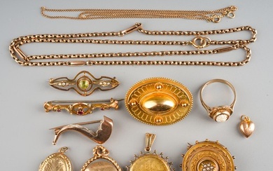 A group of gold jewellery, including 9ct gold lockets, Victo...