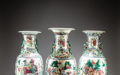 A group of three Canton famille-rose 'figural' vases, Qing dynasty,...