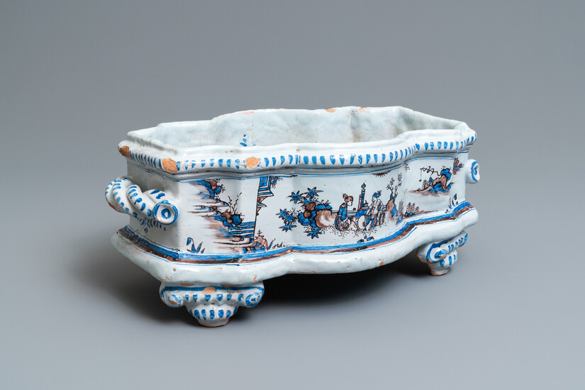 A large French faience chinoiserie jardinière in blue, white and manganese, Nevers, 17th C.
