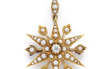 A late 19th century diamond and seed pearl star brooch.