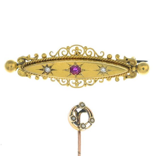 A late Victorian 15ct gold ruby and diamond brooch