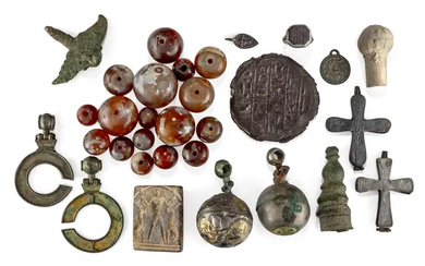 A miscellaneous group of items, including 17 agate beads, Comprising a bronze...