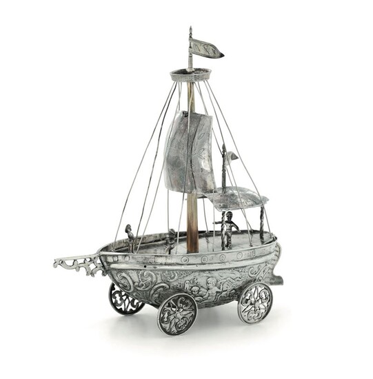 A model of a sailing ship in molten, embossed, chiselled and perforated silver. Fantasy marks for the 18th century Hanau? 19th-20th century