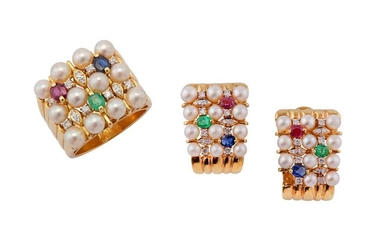 A multi gem-set ring and earrings suite