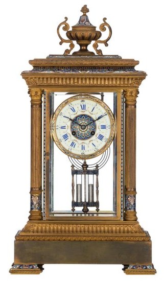 A neoclassical copper table clock with cloisonné d…