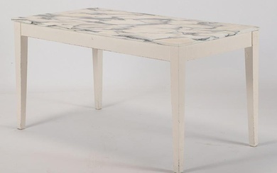 A painted wood marble top cafe table with nicely figured marble. Ht: 30" Wd: 55.5" Dpth: 29.5"