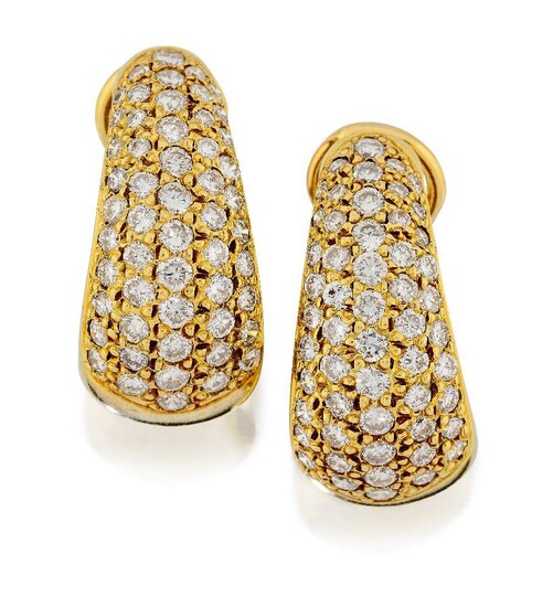 A pair of 18ct gold and diamond earrings, of graduated brilliant-cut diamond tapered bombe half-hoop design, clip and post fittings, London hallmarks, 1998, length 2.3cm, gross weight 15.4g