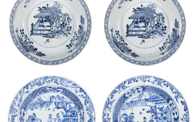 A pair of Chinese blue and white bowls, 18th century, painted with figures in a tea ceremony, 22cm diameter, with a pair of European blue and white dishes printed with a pagoda inside a floral border, 20.5cm diameter (4) 十八世紀 青花繪人物故事圖紋盤一對及歐洲青花盤一對