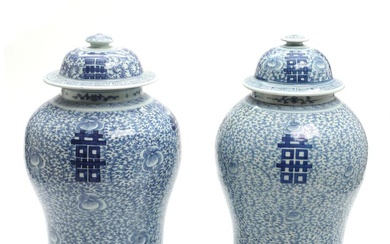 A pair of Chinese blue and white porcelain jars and covers, decorated...