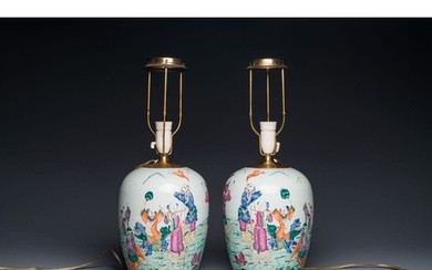 A pair of Chinese famille rose 'eight immortals' jars mounte...