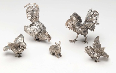 A pair of Dutch silver roosters, a pair of sparrows and a small hare