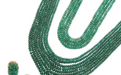 A pair of Emerald multi-strand bead Necklaces together with a matching pair of ear clips