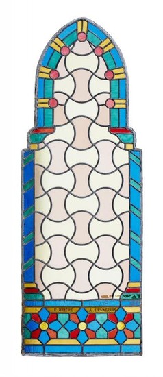 A pair of French leaded and coloured glass panels in Neo Gothic taste