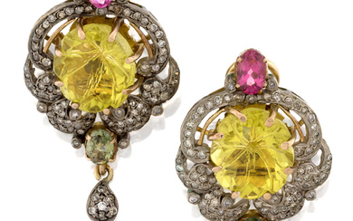 A pair of diamond, lemon citrine and pink tourmaline earrings,...